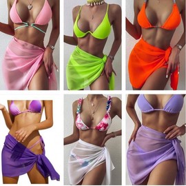 a102 Chiffon Solid Color Holiday Beach Bikini Cover-up Wrap Skirt Blouse - Free Size 50*180/Red 10ea