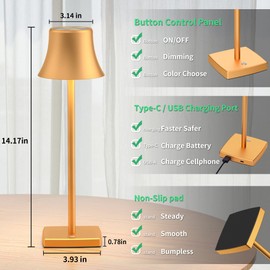 2 Pack LED Cordless Table Lamps Rechargeable,5000mAh Battery Operated Table Light,3 Color Stepless Dimming,Portable Small Desk Lamp in Aluminum for Party Patio Restaurant Indoor/Outdoor(Gold)