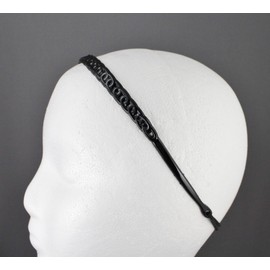 Fashion Accessories Now Black headband oval link pattern jelly skinny narrow headband soft stretch hair grip teeth 3/8 inch wide oval link