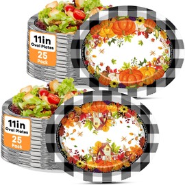 50 PCS Fall Paper Plates Large Buffalo Plaid Pumpkin Party Oval Plates Autumn Maple Disposable Supplies Pumpkin Tableware Thanksgiving Harvest Oval Dinnerware Set for Dinner Kitchen Party Decorations
