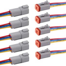 Flytuo Deutsch DT 4 Pin Connector 5 Pack - Waterproof Male Female Plug Socket Quick Disconnect for Car, Truck, Boats, LED Work Light - 16AWG, Grey