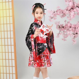 CRFASIBE Japanese Kimono Anime Cosplay Costumes for Kids Girls Robes Fox Mask Tutu Skirt Set Size 10-12(150CM)