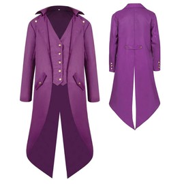 YQVGFBY Men's Gothic Steampunk Tailcoat Men,Medieval Victorian Vintage Jacket Uniform Long Tuxedo,Renaissance Pirate Vampire Party Cosplay Costumes for Adults Men (Purple, L)