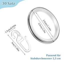 Heyu-Lotus Pack of 30 Metal Curtain Rings Curtain Hanging Rings with Sliding Insert and Plastic Curtain Hooks for Window Door Shower Curtains, 30 mm Inner Diameter