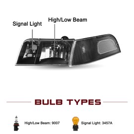 JSBOYAT Headlight Assembly Replacement w/Corner Lights 4pcs for 1998 to 2011 Ford Crown Victoria Headlamp (Black Housing with Clear Reflector)