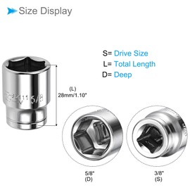 CoCud 6-Point Socket, 3/8" Drive 5/8" Deep, Polished Chromed CR-V SAE Standard Shallow Impact Socket - (Applications: for Ratchet Torque Electric Wrenches Car Repair), 1-Pieces