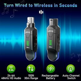 JOYO Sistema Inalámbrico de Micrófono 2.4GHz, XLR Transmisor y Receptor 4 Canales, para Dinámicos y Condensador con Phantom, PA, Mezcladora y Estudio 