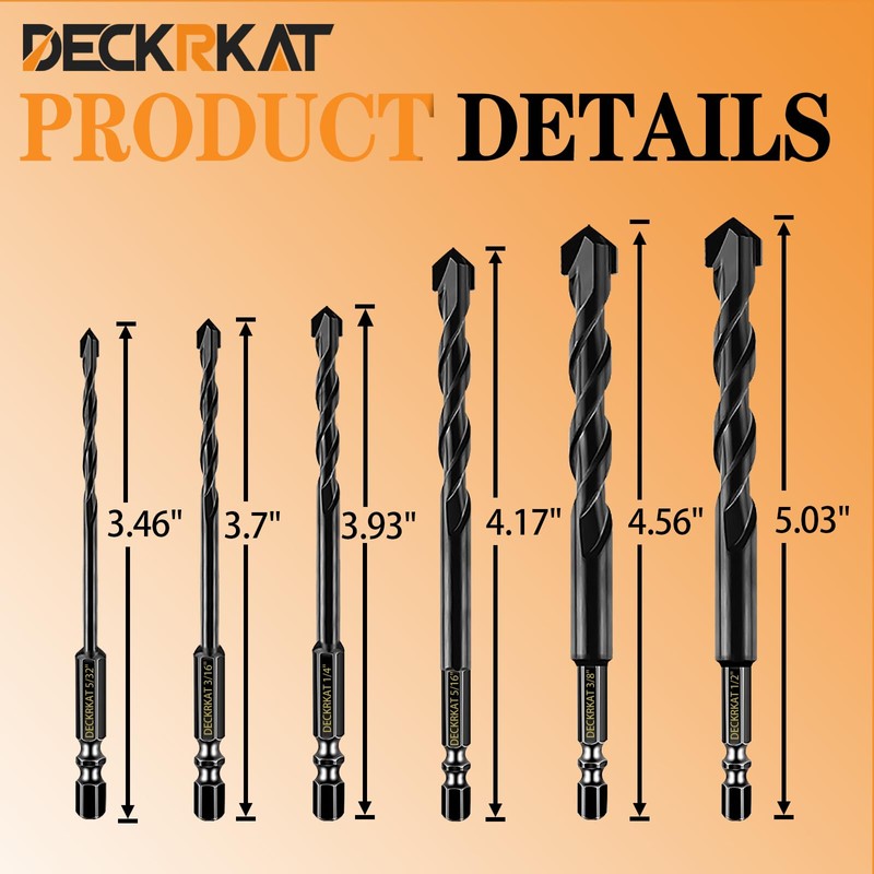 DECKRKAT 6-Piece Black Masonry Drill Bit Set for Concrete, Brick,