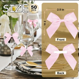 Pink Bow Satin Ribbon for Craft 2" Self Adhesive Premade Mini Bows for Gift Wrapping Crafts, Sewing, Scrapbooking, Weddings, DIY Party Baking Decoration - 50 Counts