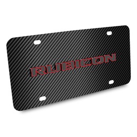 iPick Image for Jeep Rubicon 3D Logo Red Edge Black Carbon Fiber Patten Steel License Plate for Decorative