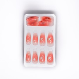 Boutique Beauty Premium Press On Nails ~ Unique, Durable, Trendy Designs with Adhesive Tabs ~ Medium Coffin Shape (Coral Starburst)