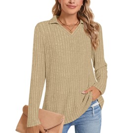 POPYOUNG 2025 Fall-Winter Ladies Long Sleeve Tops V Neck Lightweight Sweatshirt Ribbed Blouse for Leggings M, Beige