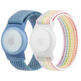 Meliya Nylon AirTag Bracelet for Kids, 2 Pack Nylon Watch Bands Compatible with AirTag, Adjustable Anti Lost Wristband for Toddler Child Elders Small Large (Rainbow+Blue, Small (3.7"-5.3"))