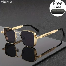 Trendy Unique Reflective Punk Sunglasses | High-Quality Unisex Design with Case, Perfect for Outdoor Travel/Driving/Summer BeachDesign: Golden Frame/Gray Lens, Frame Material: Alloy