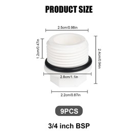 Sealing Cap, Male Thread, Pack of 9, Blanking Plug, 3/4 Inch with Seal, Blanking Plug, Male Thread, Plastic Thread Cap, Seal, Drain Preventer, Water Pipe, Sealing Cap with Washer