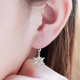 Edelweiss Earrings for Women Sterling Silver Edelweiss Flower Leverback Earrings Floral Earrings Dangle Drop Oktoberfest Jewelry Christmas Gifts, Sterling Silver, No Gemstone