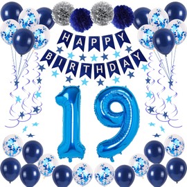 NANINUNENO 19th Blue Birthday Party Decorations for Boy Girl Men Women, Happy 19 Birthday Balloons Supplies with Happy Birthday Banner,19 Number Balloons, Blue Star Streamers, Hanging Swirls