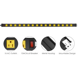 JUNNUJ Long Metal 16 Outlet Power Strip, Wide Spaced Garage Industrial Power Strip, Heavy Duty Power Strip with 10 FT Cord 15A, 125V, 1875W. Yellow