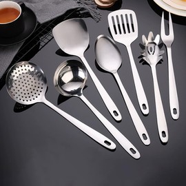 Ragyzity Cooking Utensils Set, 7PCS Kitchen Utensils with Extra-Long Handles, Stainless Steel Wok Spatula Slotted Spoon Fork Pasta Server, One-Piece Construction Metal Spatula Cooking Spoons