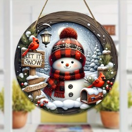 Christmas Snowman Hanging Ornament for Holiday Décor – 7.9-Inch Round Acrylic Decoration for Doors, Walls & Entryways