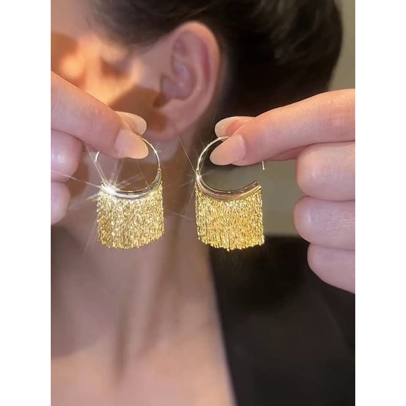 BSLVWG Rhinestone Tassel Earrings Crystal Curved Fringe Earring Hoop Tassel