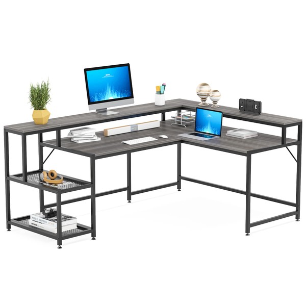 LITTLE TREE L-Shaped Desk with Monitor Shelf,Corner Computer Desk with Storage, Gray