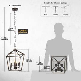 4 Light Chandelier Lighting, Industrial Ceiling Light Black Lantern with Brushed Gold, Geometric Metal Hanging Light Fixture with Adjustable Chain, E12 Base for Entryway Kitchen Island, Indoor Use