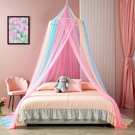 Rainbow Princess Bed Canopy for Girls, Mosquito Net for Bed, Hanging Bed Net, Full/Queen/Twin Size, Easy Install Boho Bedroom Decor, Travel with Storage Bag, Carrying Pouch and Hanging Kit