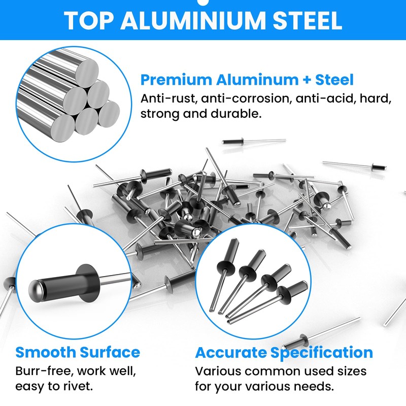 SDTC Tech 400pcs Black Pop Rivets Assortment Kit, 9 Sizes