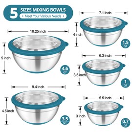 TeamFar Mixing Bowls, 5PCS Stainless Steel Serving Salad Bowls with Lids, For Kitchen Mixing/Baking/Storing/Prepping, Visible & Airtight, Non-Slip Bottom - 4.6/3.5/1.5/1 / 0.7 QT, Dark Blue