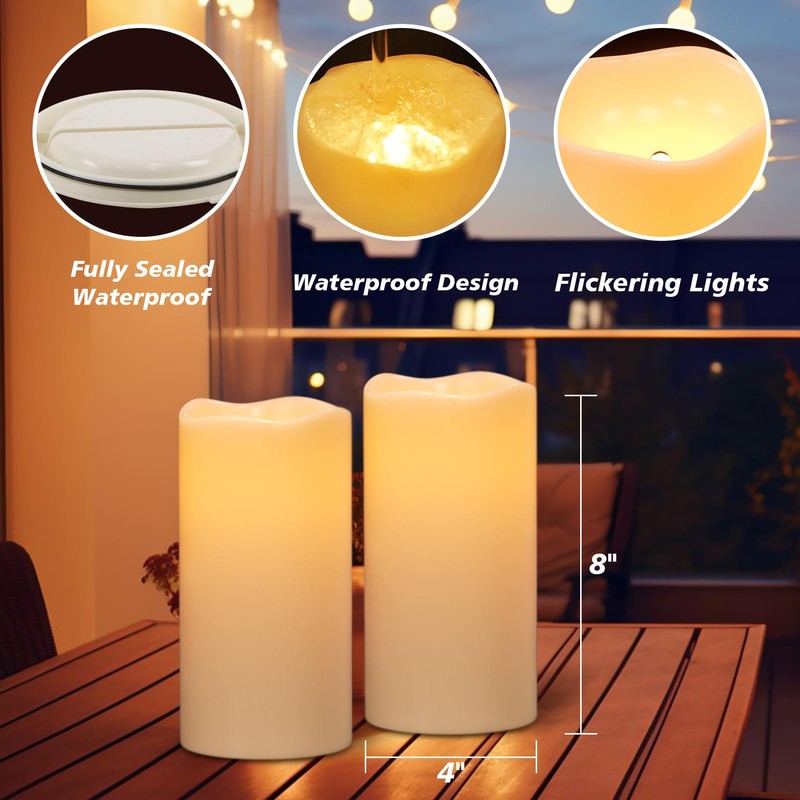 GenSwin Solar Outdoor Waterproof Flameless Candles, 8”x4” Solar Rechargeable Pillar
