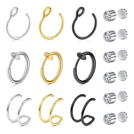VCMART Fake Nose Ring Hoop Faux Fake Nose Ring Piercing Nose Cuffs for Non Pierced Nose Clip on Nose Ring Jewelry for Women Men Silver Black Gold