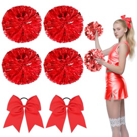Sadaunbe 4 PCS Cheerleading Pom Poms + 2 PCS Large Hair Bows - Cheer Supplies for Sports Events, Dance Parties, Basketball & Football Teams Spirit Accessories