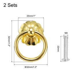 sourcing map 2 Sets Vintage Drop Ring Knobs Retro Dresser Pulls Handles with Screws Zinc Alloy for Dresser Drawer Furniture Closet Cupboard Gold Brass(39mm/1.5inch Long)