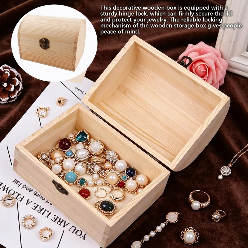 Unfinished Wooden Box with Hinged Lid for DIY Craft Storage