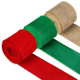 Whaline 30 Yard Christmas Wired Edge Ribbon 3 Colors Burlap Wrapping Ribbon 2.5 Inch Red Green Natural Craft Ribbon Rustic Decorative Ribbon for Gift Wrapping Wreath Floral Arrangement Bow