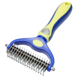 IQUALITE Pet Grooming Rake - Dual-Sided Dematting & Deshedding Tool for Dogs & Cats - Dog Grooming Brush, Dog Brush for Shedding, Cat Brush, Blue