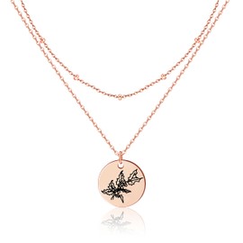 JoycuFF Birth Month Flower Layered Pendant Necklace 18K Rose Gold Plated Dainty December Birth Flower Holly Disk Pendant Meaningful Glossy Engraved Coin Necklace for Women