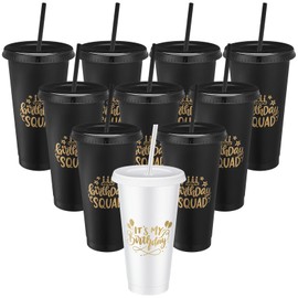Jingmore Birthday Party Tumblers 24 oz Squad Plastic Tumblers with Lid and Straw for 20th 30th 40th 50th 60th Birthday Decorations Favor for Women Adults(White, Black,12 Pcs)