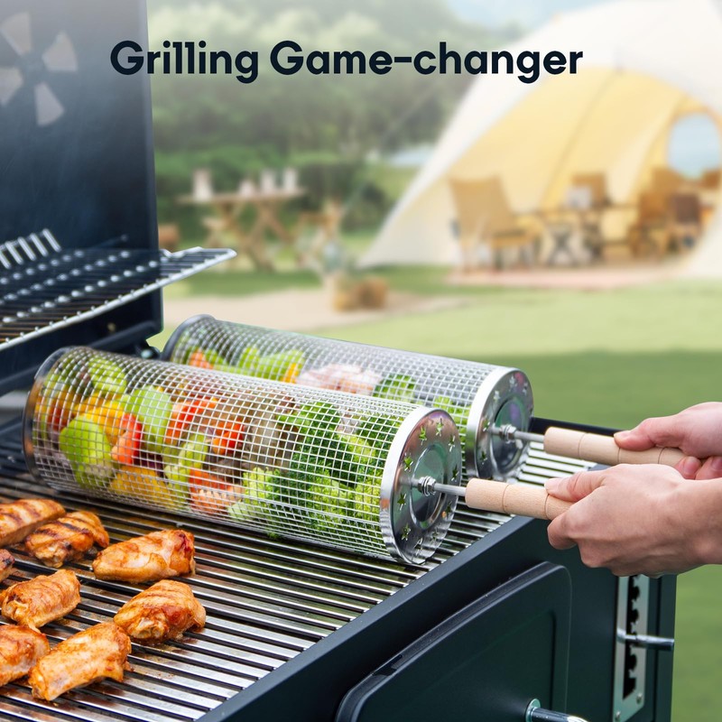 LANEJOY Rolling Grill Baskets with Handle (9.5" x 4.3"), 304