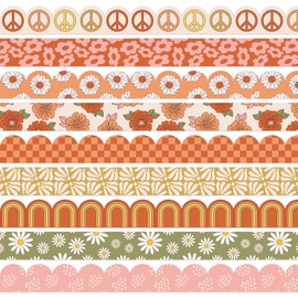 JarThenaAMCS 82Ft Retro Groovy Bulletin Board Border Boho Hippie Orange Pink Green Daisy Flower Rainbow Adhesive Border Trim for Back to School Classroom Chalkboard Wall Decor