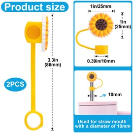 Joez Wonderful 2pcs Sunflower Straw Toppers 10mm, Reusable Silicone Straw Covers for Straws 0.4" Wide(10MM Outer Diameter), Straw Plug Straw Caps for Dust-Proof Drinking Kitchen Accessories