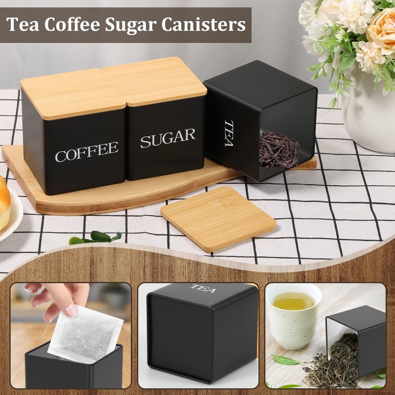 3Pcs Tea Sugar Coffee Canister Set with Bamboo Lids Large