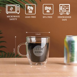 Double Wall Insulated Glass Coffee Mugs set of 4-13.5 oz Clear Hand Blown Glass Coffee Cups with Handle for Cappuccino, Latte,Espresso,Tea Bags,Americano,Beverages,Gifts for Mom