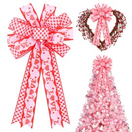 Valentine Tree Topper Bow with Pink Love Heart Valentines Burlap Wreath Bow for Front Door Home Decor Wedding Anniversary Proposal Party Decor(11" x 20"