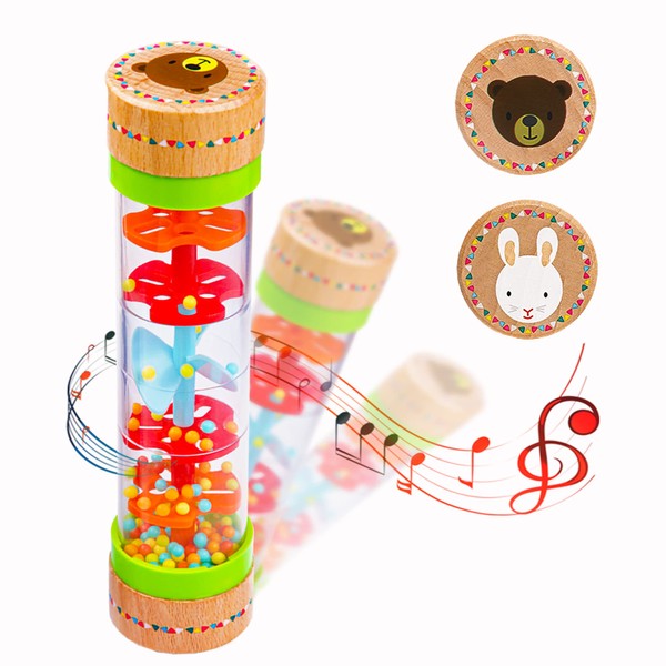 Rainmaker Rain Sticks, Mini Wooden Musical Shake, Beaded Raindrops - Turn Over and Watch The Colorful Beads Flow Down The Tube as It Creates The Soothing Sound of Rain