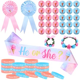 Diartpaint Ice Cream Gender Reveal Party Favor He or She Maternity Sash Mom&Dad to Be Corsage Pin with Headband Wristband Team Boy or Girl Button Pin Silicone Wristband for Ice-Cream Baby Shower