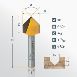POWERTEC 90 Degree V-Groove Router Bit - 5/8" Cutting Diameter, 1/4" Shank, Tungsten Carbide, 5/8" Depth & 1-7/8" Overall Length - Fits CNC, Handheld & Plunge Routers - 1PK (73043)