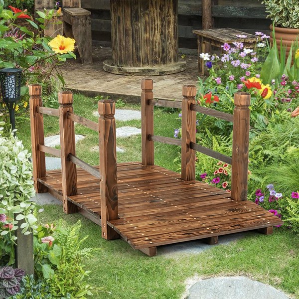 Giantex 5 ft Garden Bridge - Stained Wood Arc Footbridge