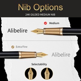 HDDNB Black Luxury Fountain Pen Set for Men and Women with Gift Box, 24K Gold Finish and Gilded Nib(Medium) with 5 Black Ink Cartridges and Converter